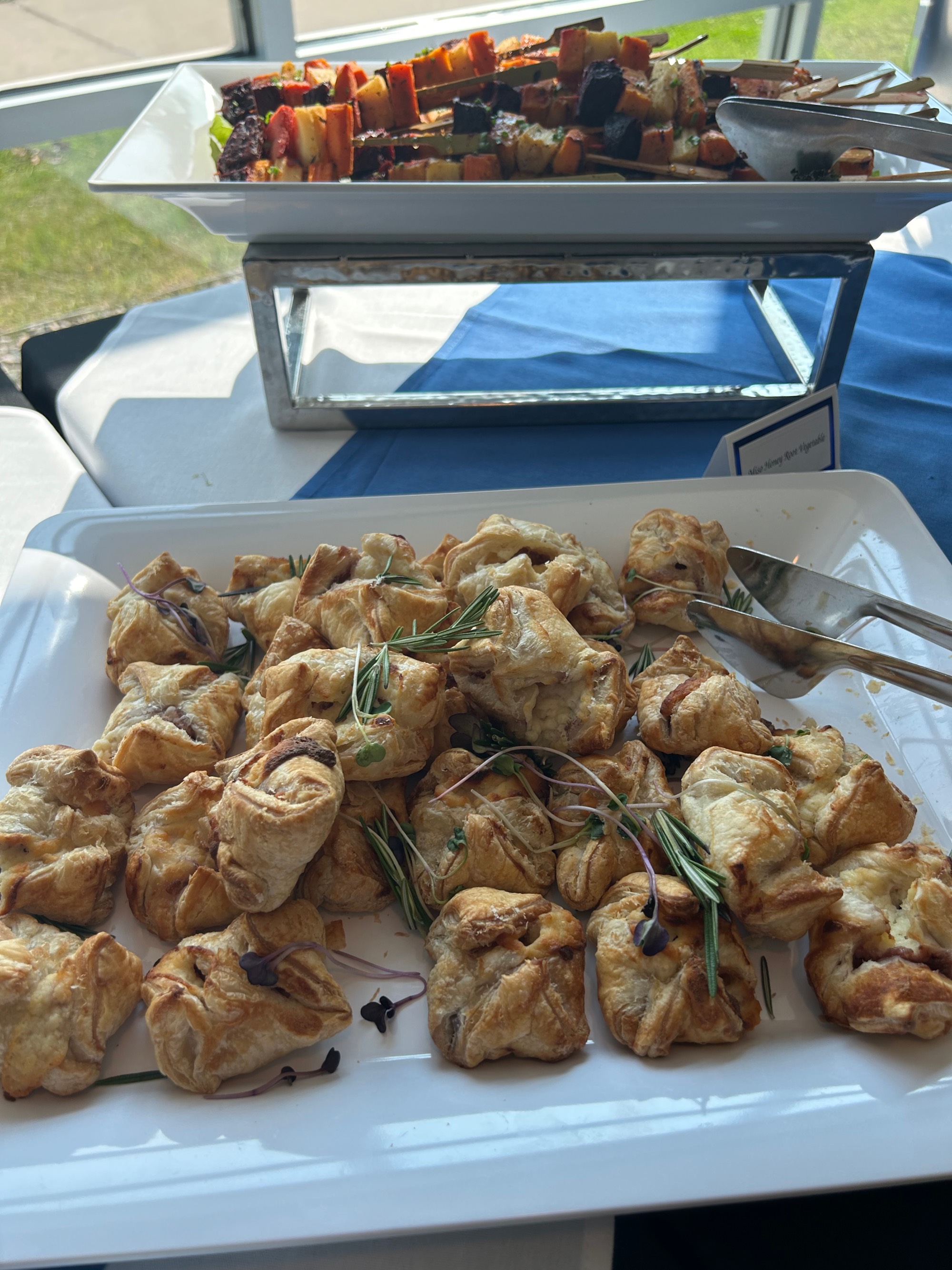 Beef Wellington bites and vegetable skewers